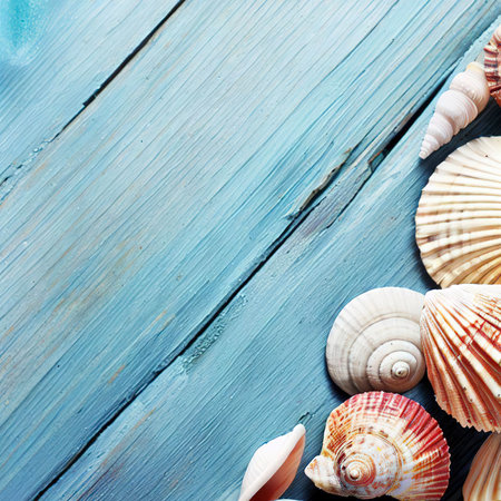 Seashells on blue wood, sea vacation background with copy space on wooden planksの素材