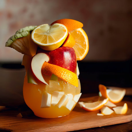 Side view fruit cocktail in orange peel with apple and lemon wedges on a cutting boardの素材