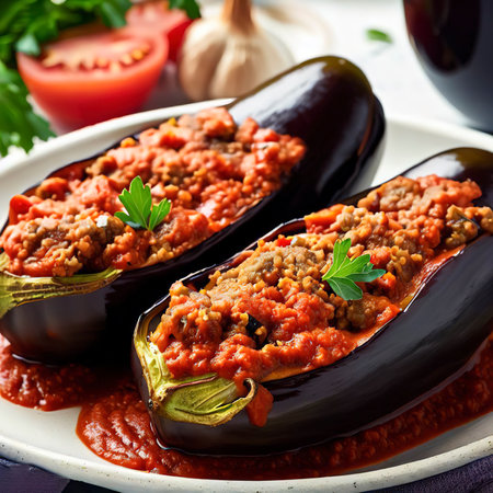 Turkish stuffed eggplants with ground beef and vegetables baked with tomato sauceの素材
