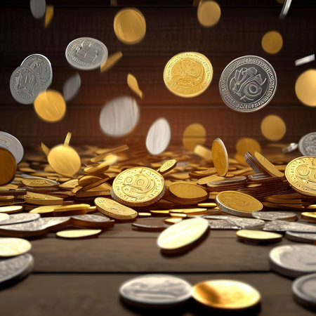 The silver and golden coins and falling coins on wooden wallの素材