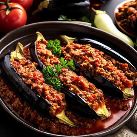Turkish stuffed eggplants with ground beef and vegetables baked with tomato sauceの素材