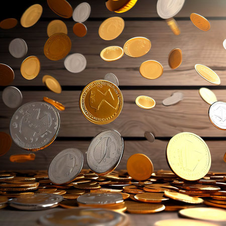 The silver and golden coins and falling coins on wooden wallの素材