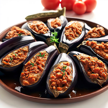 Turkish stuffed eggplants with ground beef and vegetables baked with tomato sauce on white backgroundの素材