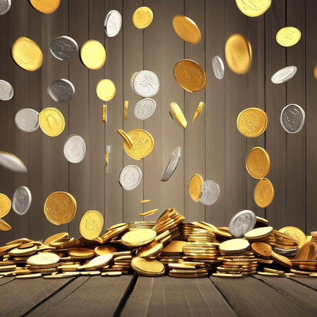 The silver and golden coins and falling coins on wooden wallの素材