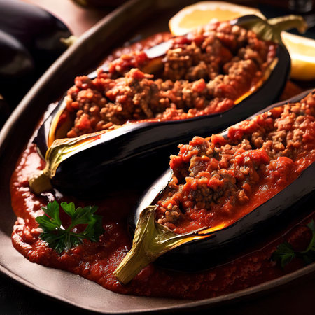 Turkish stuffed eggplants with ground beef and vegetables baked with tomato sauceの素材