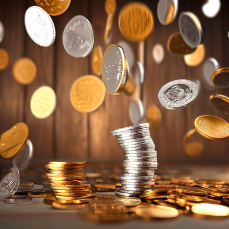 The silver and golden coins and falling coins on wooden wallの素材