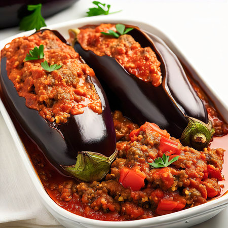 Turkish stuffed eggplants with ground beef and vegetables baked with tomato sauce on white backgroundの素材