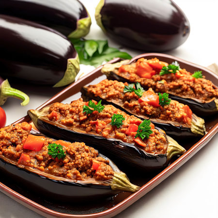 Turkish stuffed eggplants with ground beef and vegetables baked with tomato sauce on white backgroundの素材