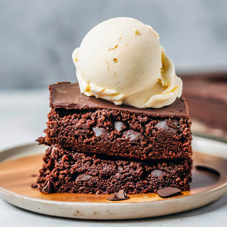 Chocolate brownie cake with a scoop of ice creamの素材