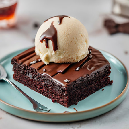 Chocolate brownie cake with a scoop of ice creamの素材