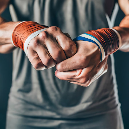 Close-up hand with bandage of muscular man training kickboxing on blackの素材