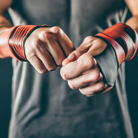 Close-up hand with bandage of muscular man training kickboxing on blackの素材