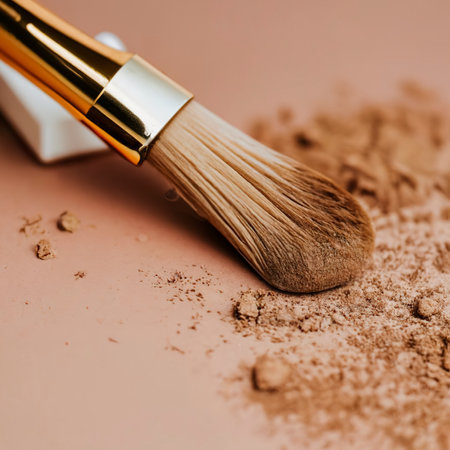 Close-up of crushed mineral shimmer powder golden color with makeup brushの素材