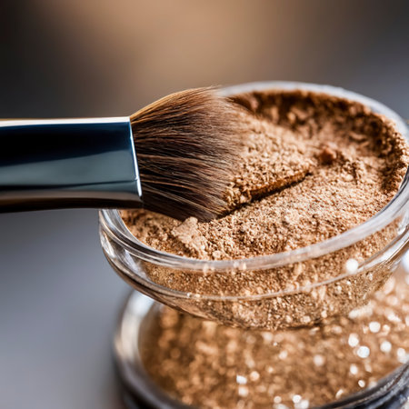 Close-up of crushed mineral shimmer powder golden color with makeup brushの素材