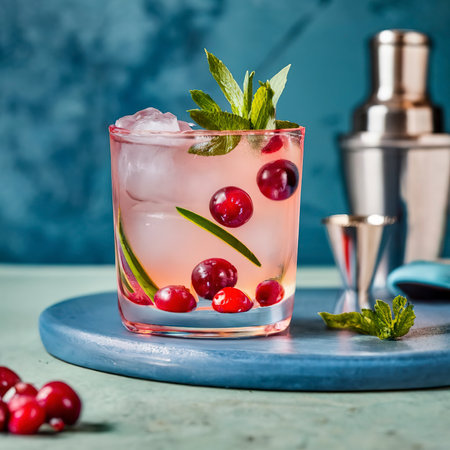 Closeup of a cape cod cocktail or vodka cranberry on a blueの素材
