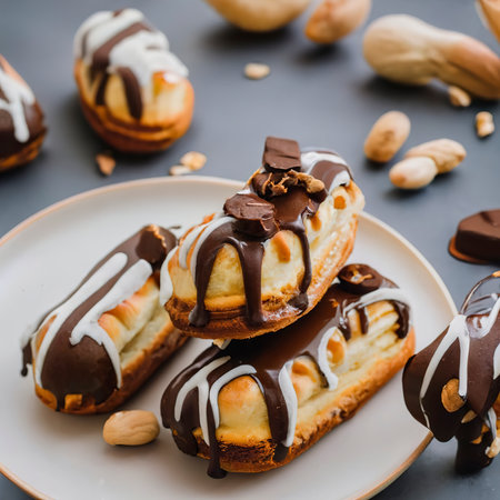 Decorating delicious homemade eclairs with chocolate and peanutsの素材