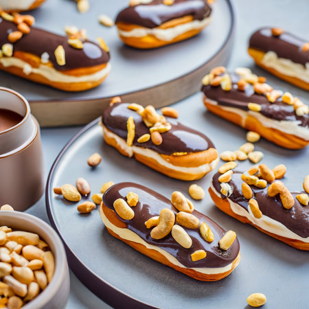 Decorating delicious homemade eclairs with chocolate and peanutsの素材