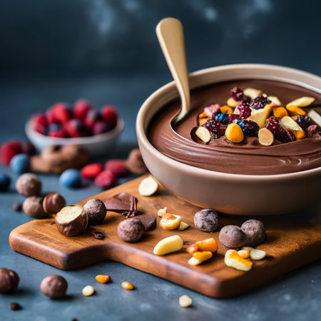 Delicious looking galaxy chocolate with chunks of hazelnut and fruitsの素材