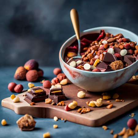 Delicious looking galaxy chocolate with chunks of hazelnut and fruitsの素材