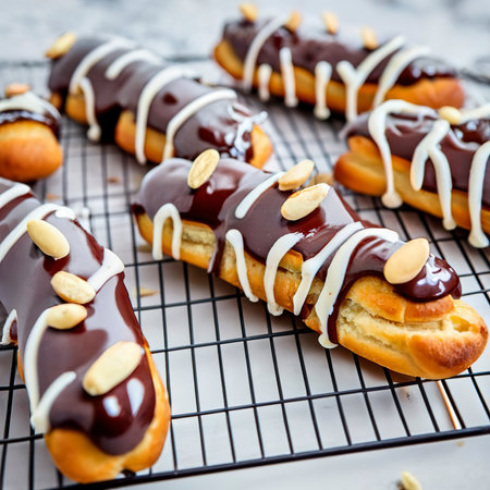 Decorating delicious homemade eclairs with chocolate and peanutsの素材