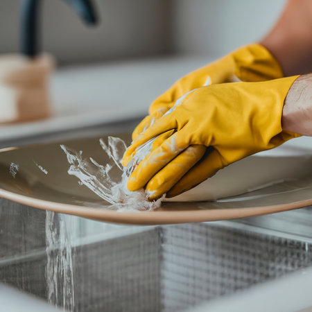 Hands in yellow protective gloves washing a plateの素材