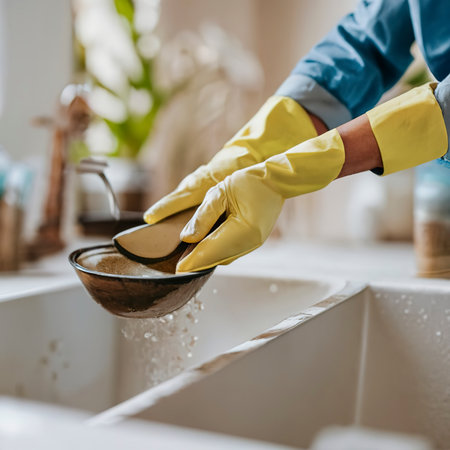 Hands in yellow protective gloves washing a plateの素材