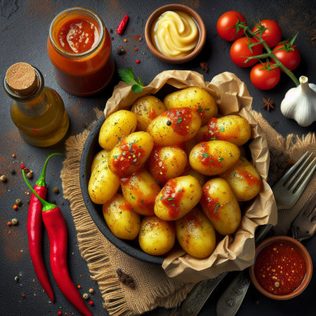 Canarian potatoes papas arrugadas with mojo, hot sauce. Black background. Top viewの素材