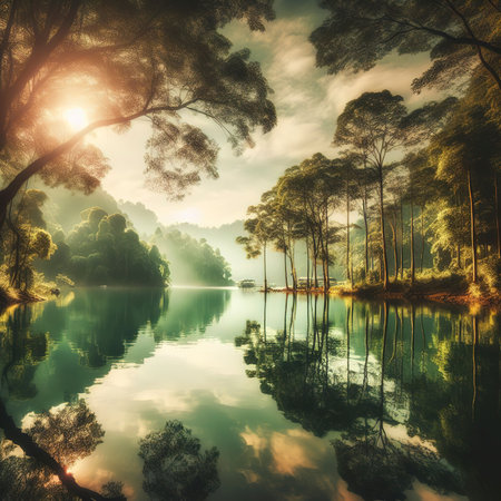 Nature tranquil beauty reflected in calm waterの素材