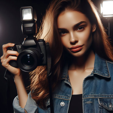 Confident young model holds camera in spotlightの素材