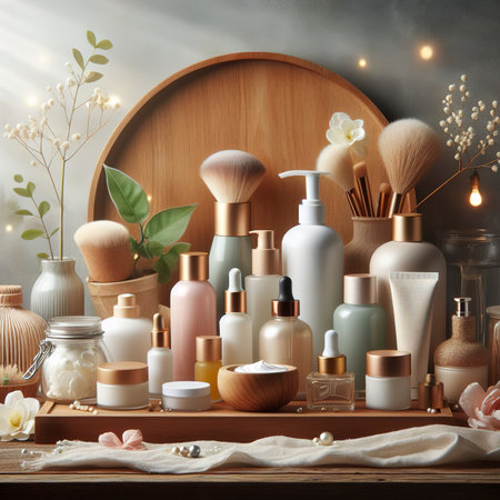 Collection of face care products displayed on the wooden tray podiumの素材