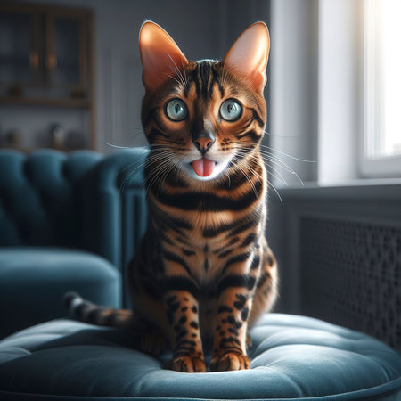 Bengal cat on blue backgroundの素材