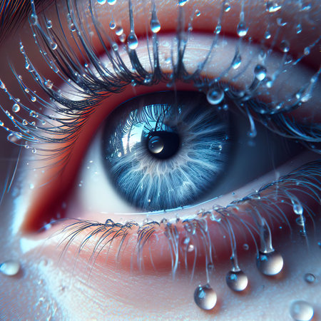 There is a close up of a persons eye with water droplets on itの素材