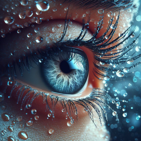 There is a close up of a persons eye with water droplets on itの素材