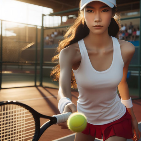 View of female tennis player on the courtの素材