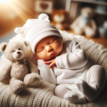 Portrait of newborn baby with plush animalの素材