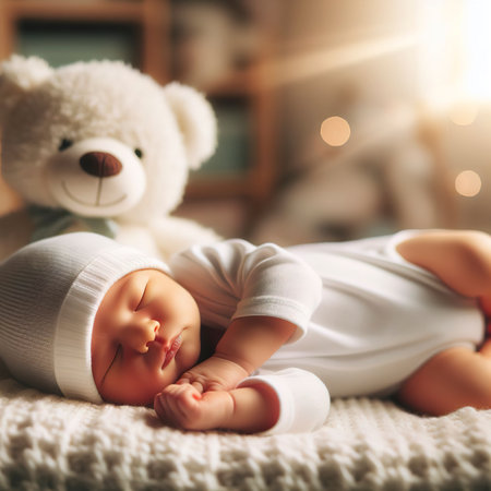 Portrait of newborn baby with plush animalの素材