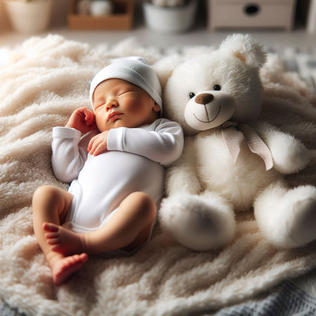 Portrait of newborn baby with plush animalの素材