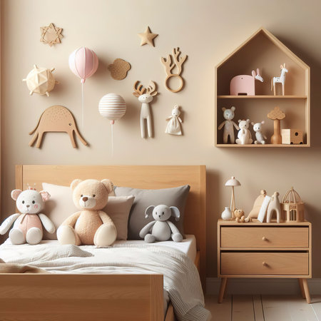 Cute bedroom with wooden design and toys, copy space on empty beige wallの素材
