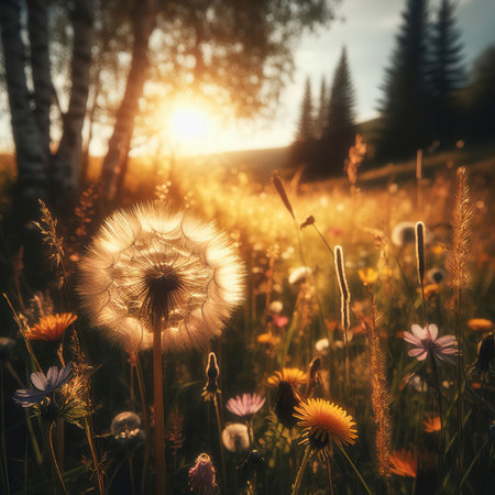 Dandelions on meadow in sunlightの素材