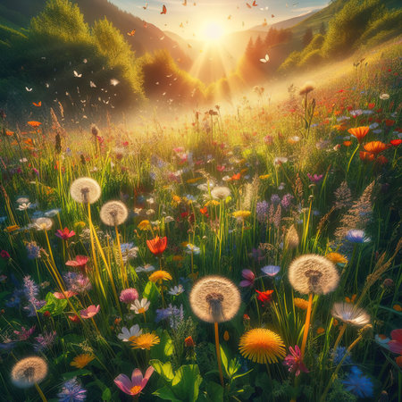 Dandelions on meadow in sunlightの素材