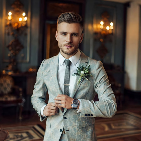 Groom is wearing a wrist watch indoors. Male portrait of handsome guyの素材