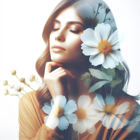 Double exposure woman and flower for positive growth mindset conceptの素材