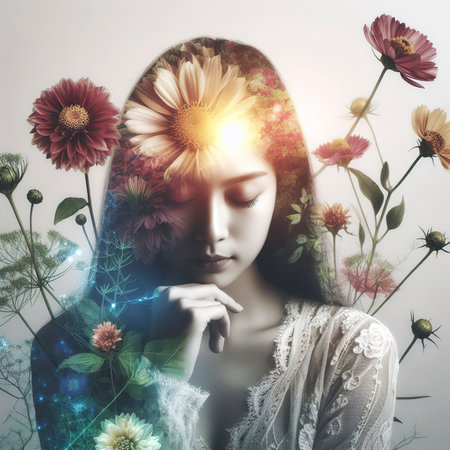 Double exposure woman and flower for positive growth mindset conceptの素材
