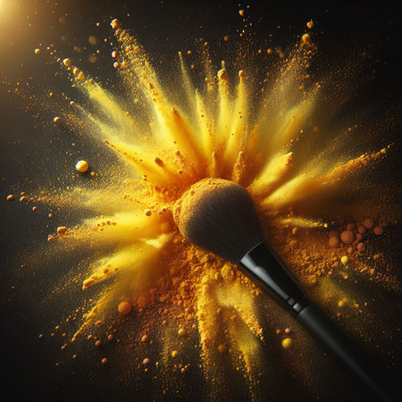 Explosion of yellow powder with makeup brush on dark backgroundの素材