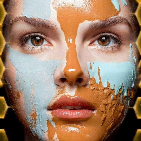 A close up of a woman with paint on her face honeycomb background character is covered in liquidの素材