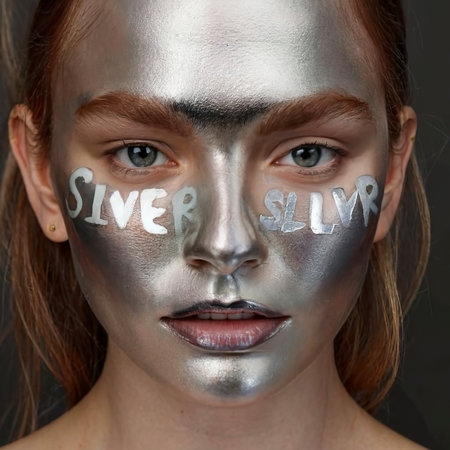 A woman with silver face paint and a face that says silver on itの素材