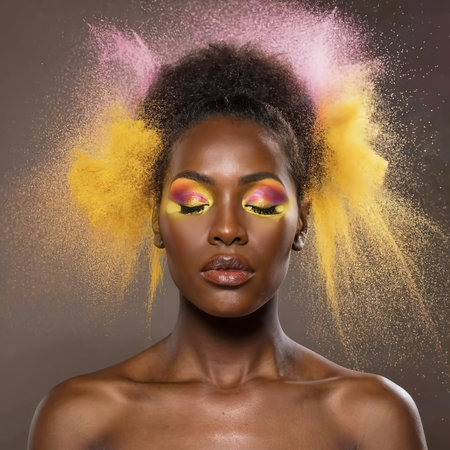 Black woman posing with pink and yellow powderの素材