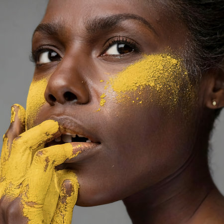 Close up black woman with yellow powderの素材