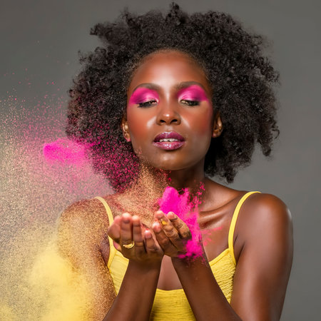 Black woman posing with pink and yellow powderの素材