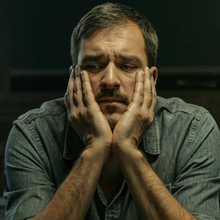 Depressed man with palms on his cheeks is thinkingの素材